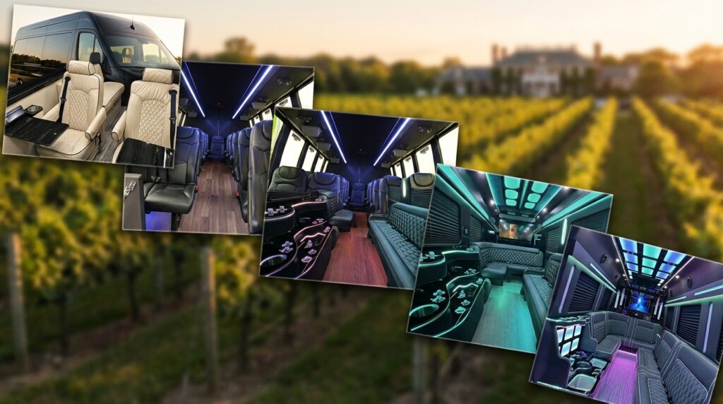 Collage of luxury van and bus interiors featuring luxurious seating, accent lighting, and spacious layouts designed for private Long Island wine tours.
