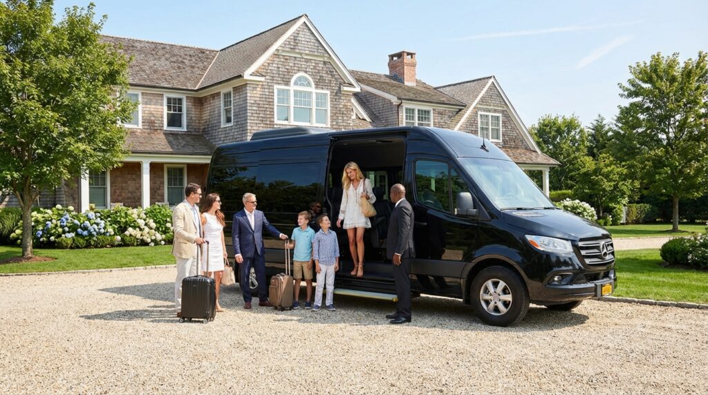 Family stepping out of a luxury Sprinter van at a Hamptons beach house during a private airport transfer.